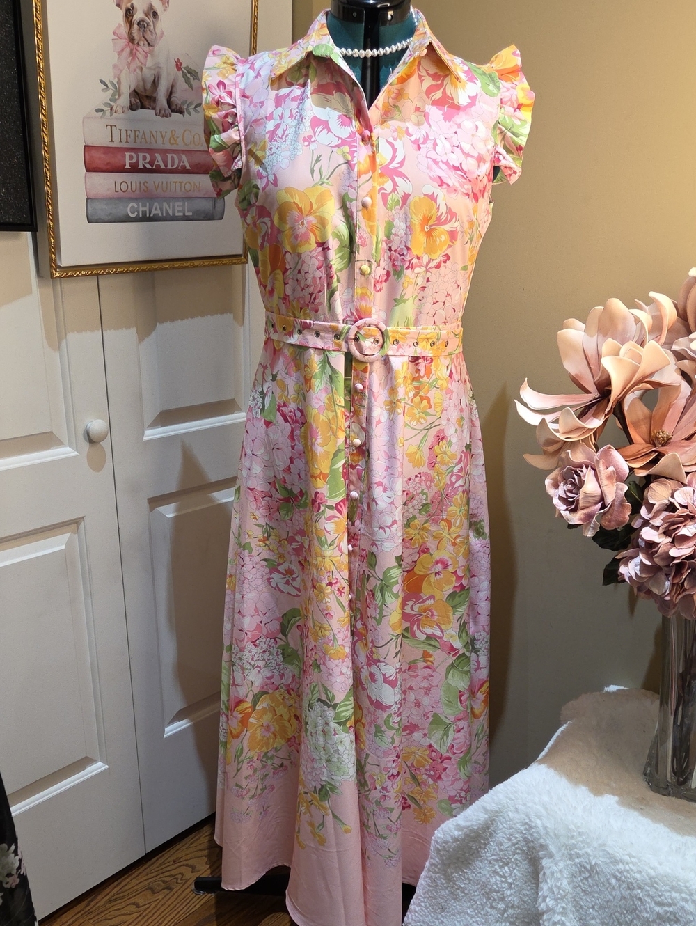 Nwt Large & Medium Dalia Macphee Pink Floral Midi Dress with Collar & Ruffle - Picture 15 of 17